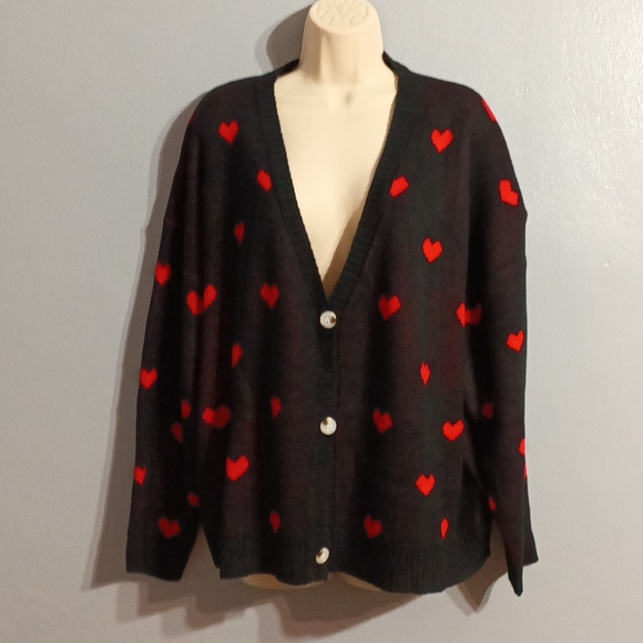 Shein Plus black with red ♥️ heart pattern drop shoulder duster cardigan 3xl - Picture 6 of 17